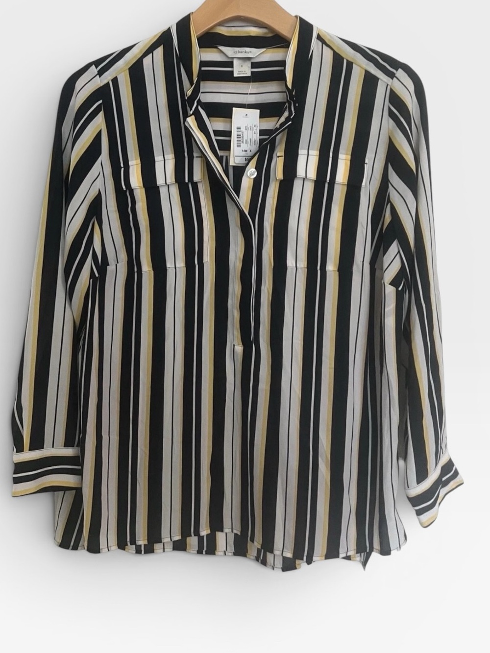 CJ Banks Black, White & Gold Striped Button-Down Blouse